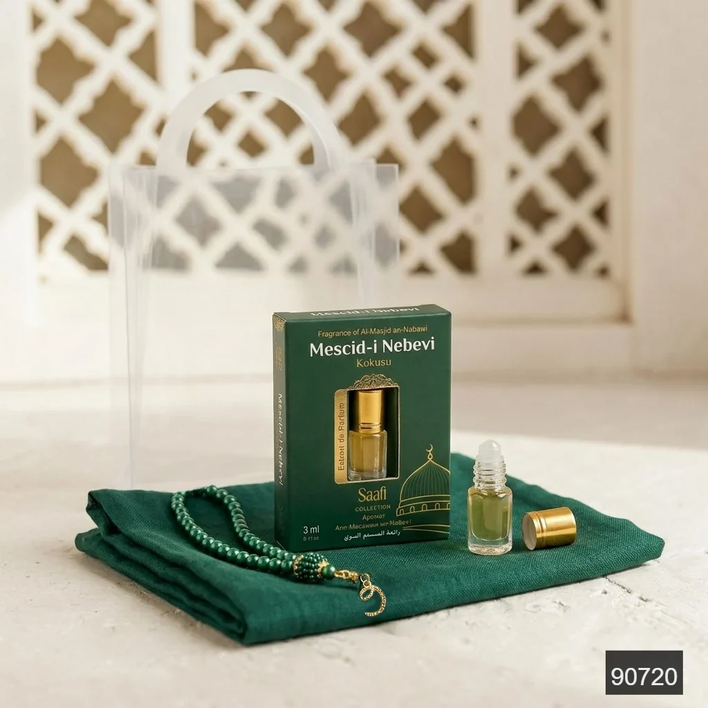 Asetat Çanta(15x16x7) + 3 ml Alkolsüz Esans + Plastik İnci Tesbih + Eşarp